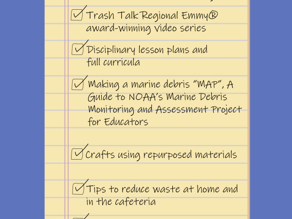 An infographic of a back to school shopping list including online resources from the NOAA Marine Debris Program.