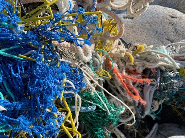 A miscellaneous assortment of derelict fishing nets and colorful rope.
