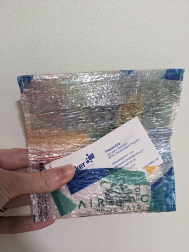 A silvery plastic wallet with business cards inside.