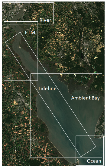 Satellite image of the Delaware Bay with sampling area outlines overlaid.