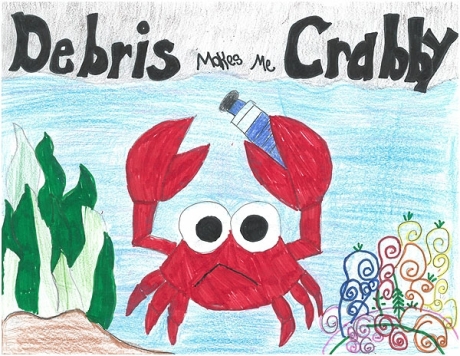 A child's drawing of a crab with debris.