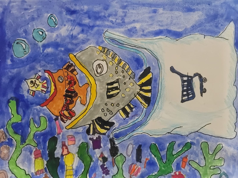 A drawing of a large, white plastic bag swallowing a fish, which is swallowing a smaller fish, which is swallowing a tiny fish, artwork by Geonryul P. (Grade 1, Commonwealth of the Northern Mariana Islands), winner of the Annual NOAA Marine Debris Program Art Contest. 