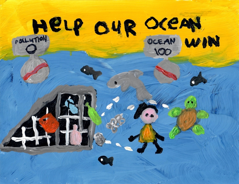 A painting of sea creatures playing a game of soccer with the scoreboard reading "Pollution 0, Ocean 100," under the text "Help Our Ocean Win," artwork by Brooke B. (Grade 1, Hawai'i), winner of the NOAA Marine Debris Program Art Contest.