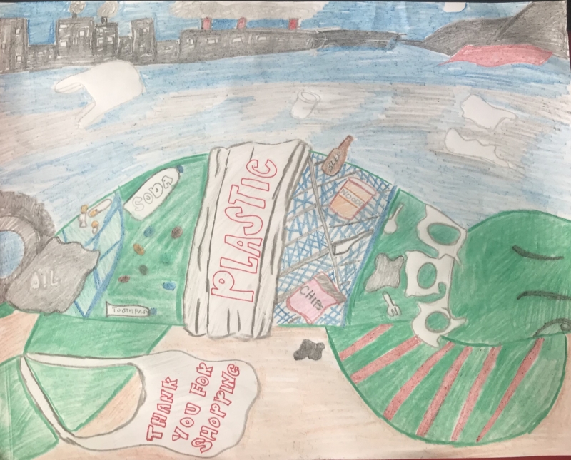 A colored pencil drawing where sea turtle lies on a beach surrounded by trash, with the ocean and city skyline in the background, artwork by Macayle L-P. (Grade 2, American Samoa), winner of the Annual NOAA Marine Debris Program Art Contest. 