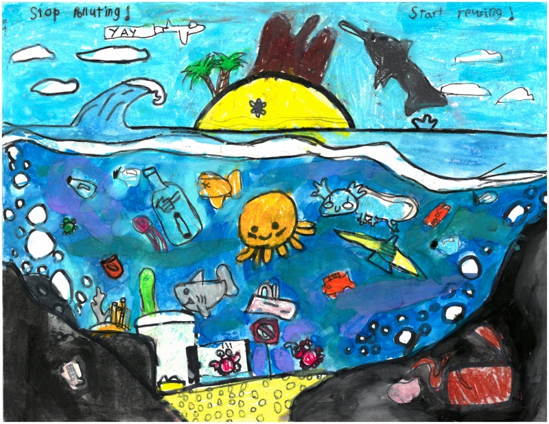 A colorful underwater scene of sea creatures amid marine debris under text that reads "Stop Polluting! Start Reusing!" Artwork Kai R. (Grade 2, Hawai'i), winner of the NOAA Marine Debris Program Art Contest.
