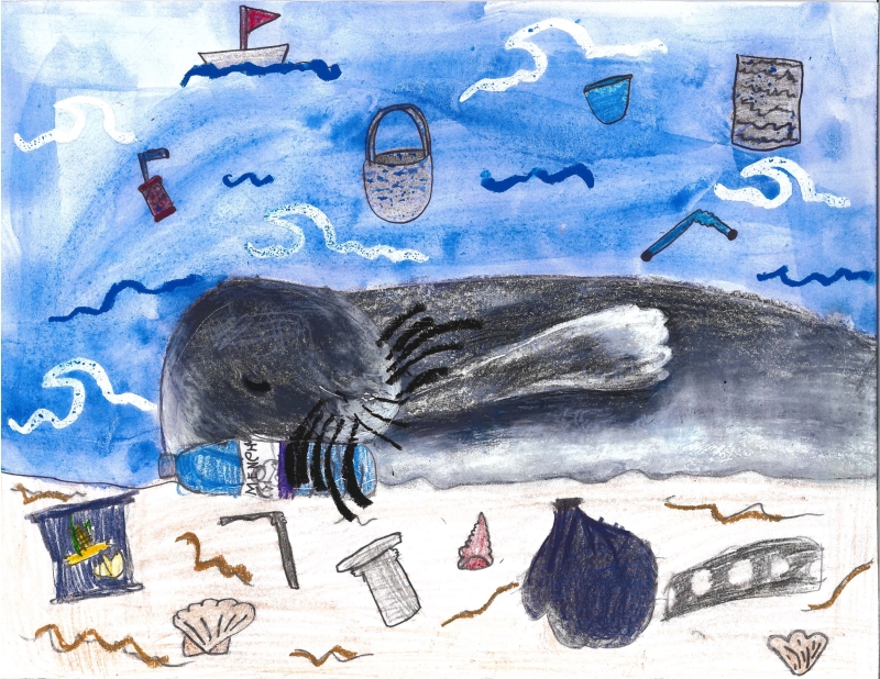 A watercolor painting where a grey seal lies on a beach that is littered with trash, resting its head on a plastic bottle, the blue ocean in the background is also filled with trash items, artwork by Aria H. (Grade 2, Virginia), winner of the Annual NOAA Marine Debris Program Art Contest.