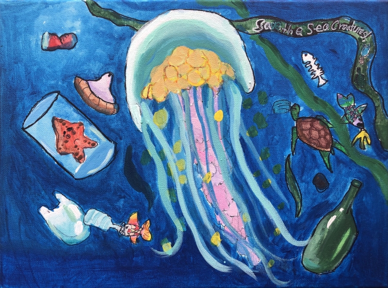 A painting of a jellyfish floating amid seaweed and trash items, while a red sea star with a sad face is trapped inside a jar, artwork by AnTian Z. (Grade 3, Maryland), winner of the Annual NOAA Marine Debris Program Art Contest. 