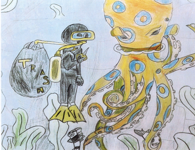 A diver with a bag labeled "Trash" cuts a six-pack ring off of an octopus, artwork by Arianna B. (Grade 4, Maine), winner of the NOAA Marine Debris Program Art Contest.