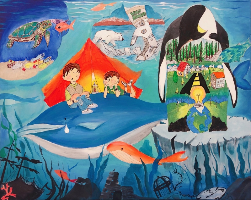 An abstract scene of animals struggling with the impacts of marine debris, artwork by Luca L. (Grade 4, Washington), winner of the NOAA Marine Debris Program Art Contest.