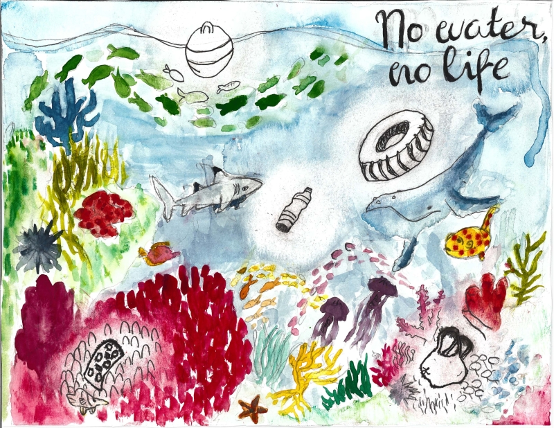 A vibrant watercolor painting of an undersea scene with debris items scattered around, and the area around each debris item is white and colorless, with text in the corner that reads "No water, no life," artwork by Lola K. (Grade 5, Hawai'i), winner of the Annual NOAA Marine Debris Program Art Contest. 