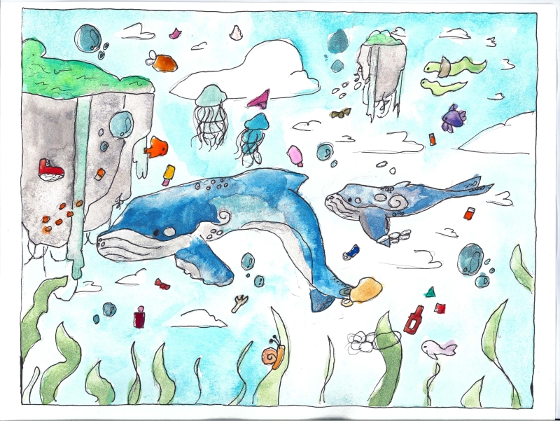 A painting of two whales swimming through water amid islands, with trash scattered around, artwork by Aspen B. (Grade 5, New Mexico), winner of the Annual NOAA Marine Debris Program Art Contest. 