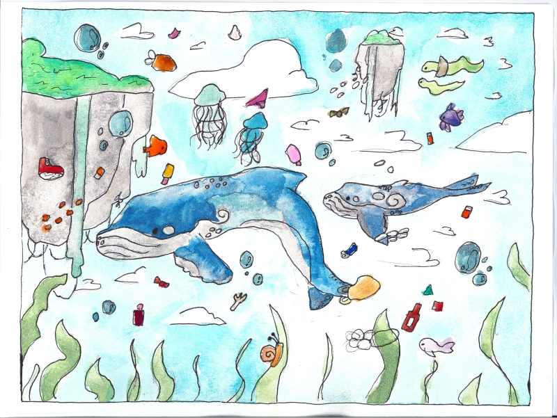 A painting of two whales swimming through water amid islands, with trash scattered around, artwork by a fifth-grade student in New Mexico, winner of the Annual NOAA Marine Debris Program Art Contest. 