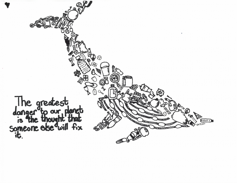 A pen and ink drawing of a whale made of debris items, with text reading "The greatest danger to our planet is the thought that someone else will fix it," artwork by Sophia K. (Grade 5, New York), winner of the NOAA Marine Debris Program Art Contest.