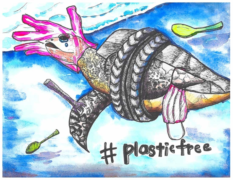 Artwork of a sea turtle trapped in a tire and plastic glove, with text reading "#Plasticfree".