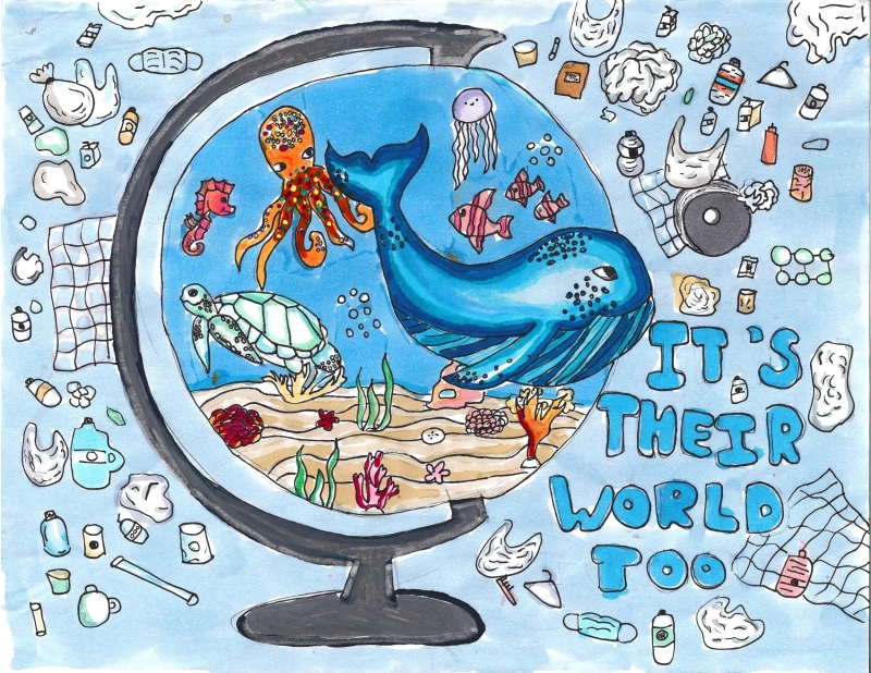 A marker and paint drawing of a desktop globe full of happy sea creatures, while the area around the globe is full of trash items and text reading, "It's their world too," artwork by Ellie M. (Grade 6, Florida), winner of the Annual NOAA Marine Debris Program Art Contest. 