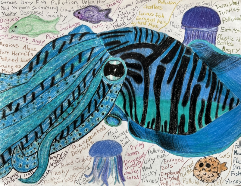 A blue cuttlefish surrounded by other sea creatures and text reflecting the negative impacts of debris on the ocean, artwork by Heidi K. (Grade 6, Virginia), winner of the NOAA Marine Debris Program Art Contest.