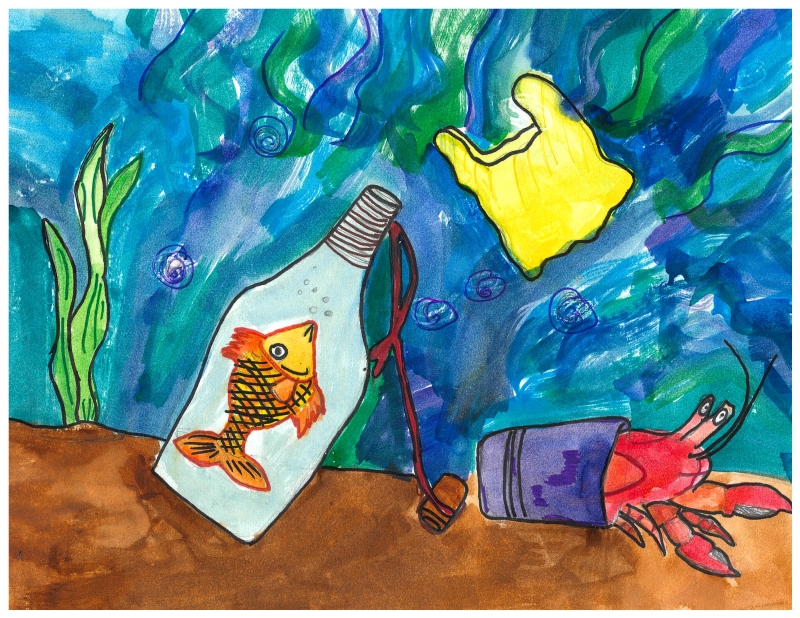 A drawing of the sea floor with a plastic bag floating by, a fish trapped in a bottle, and a hermit crab using a purple cup as a shell, artwork by Jerilyn L. (Grade 7, Connecticut), winner of the Annual NOAA Marine Debris Program Art Contest. 