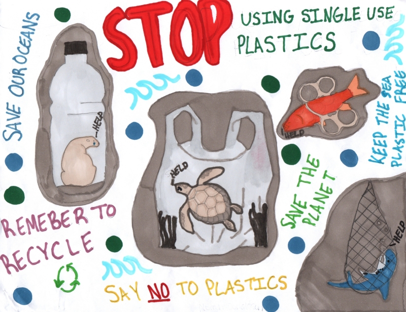 Images of animals amid debris items under text reading "STOP using single use plastics," artwork by Norah D. (Grade 7, Rhode Island), winner of the NOAA Marine Debris Program Art Contest.