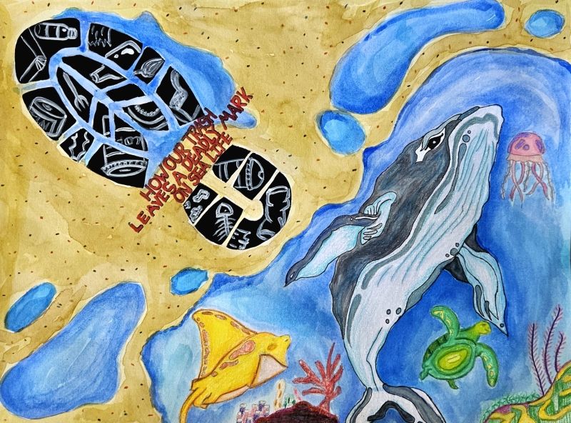 A painting of the beach and ocean, with a whale and other sea creatures swimming through the water, while a large shoe print full of debris items sits on the beach, with text reading "How our trash leaves a deadly mark on sea life," artwork by Juhwan H. (Grade 8, Commonwealth of the Northern Mariana Islands), winner of the Annual NOAA Marine Debris Program Art Contest.