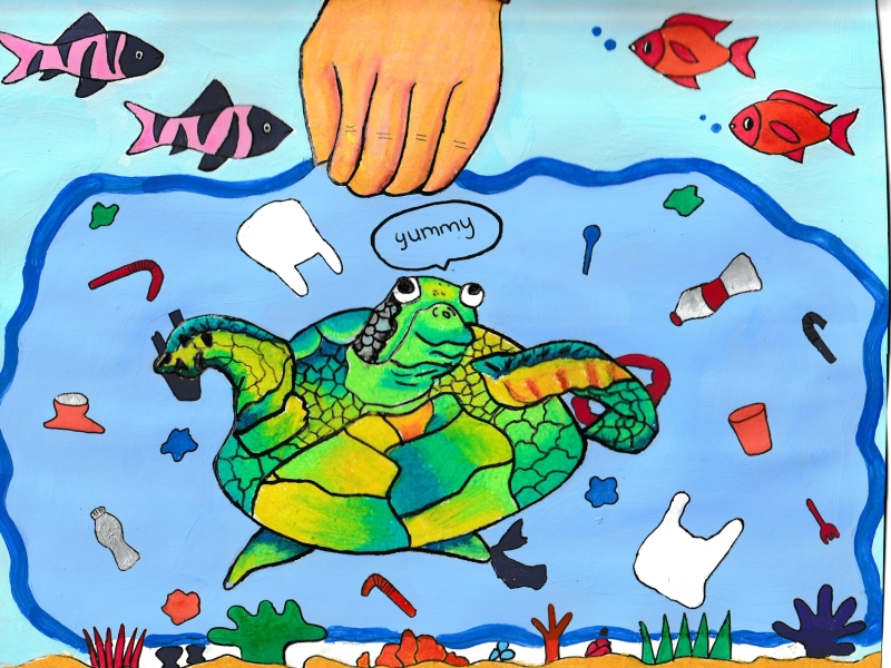 A painting of a hand reaching into the water, where a sea turtle swims amid trash items, with a speech bubble reading "yummy," artwork by Anwesha J. (Grade 8, Florida), winner of the Annual NOAA Marine Debris Program Art Contest.