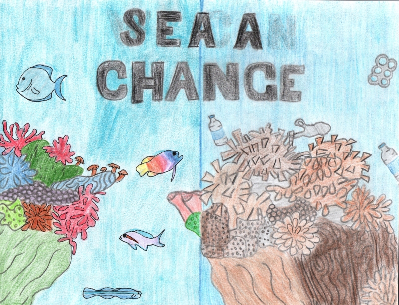 An image of a clean, vibrant coral reef on one side and a brown, debris-covered coral reef on the other beneath text reading "Sea a Change," artwork by Magdalene F. (Grade 8, Florida), winner of the NOAA Marine Debris Program Art Contest.