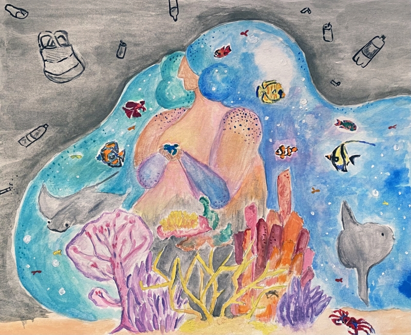 Artwork of a colorful mermaid surrounded by grey debris.