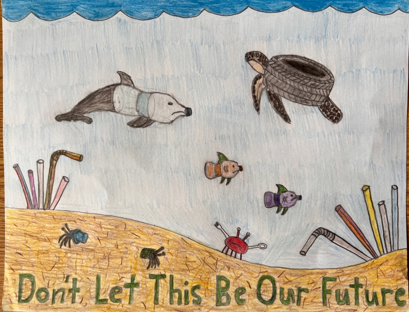 Sea creatures creatively designed out of plastic items swim over text reading "Don't Let This Be Our Future," artwork by Will N. (Grade 8, New York), winner of the NOAA Marine Debris Program Art Contest.