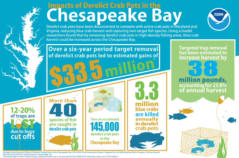 Infographic of the results from the Effects of Derelict Fishing Gear in the Chesapeake Bay Assessment Report.