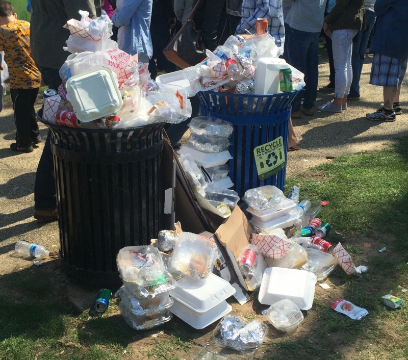 Overflowing trash cans.