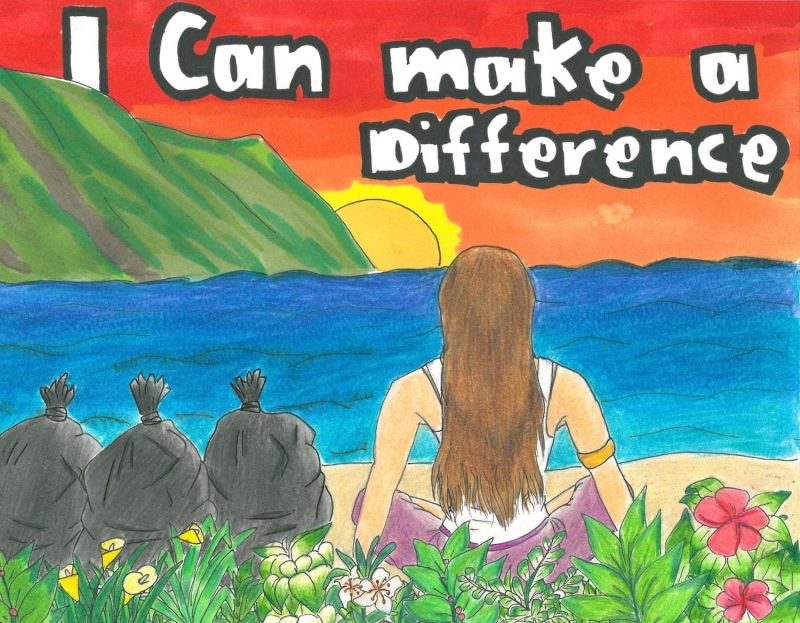 Student artwork of a person looking out over a clean ocean with several trash bags collected beside them and text reading I can make a difference.
