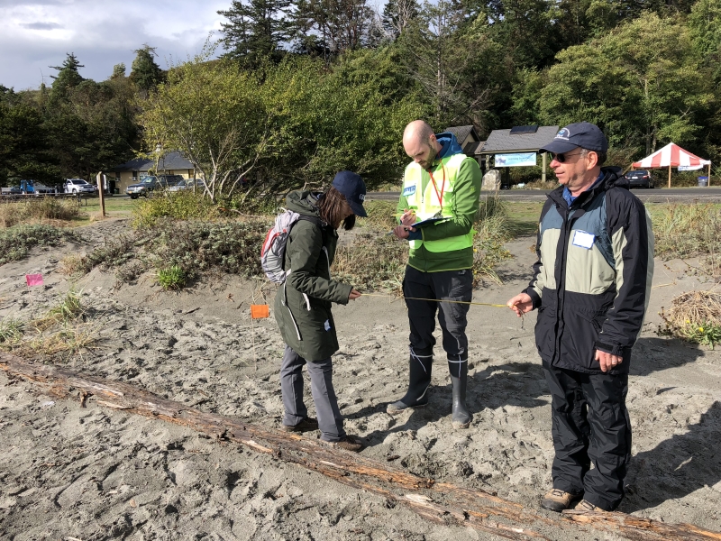 Three people recording data on a beach.