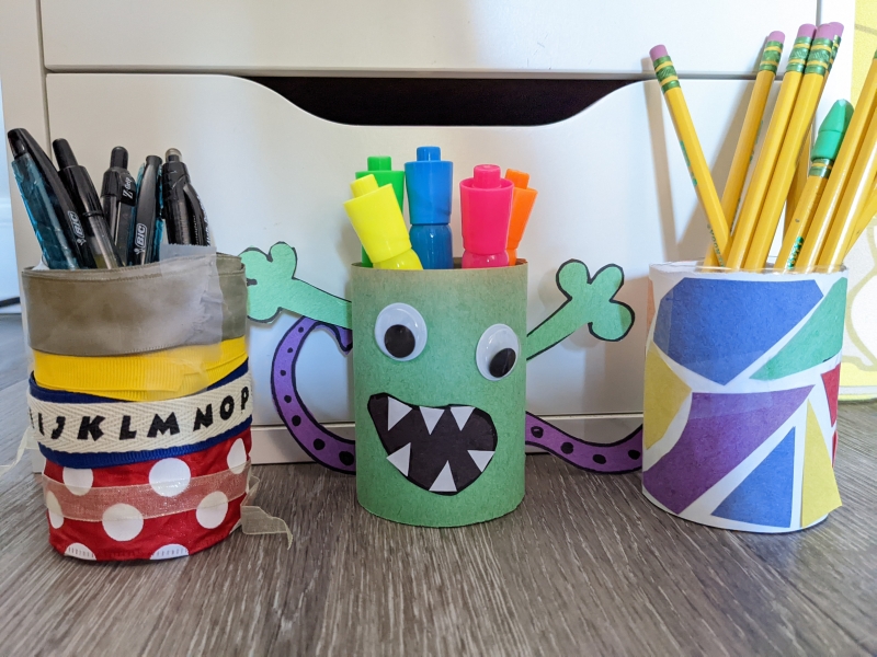 Handcrafted writing utensil holders.