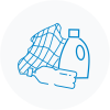 A plastic water bottle, a detergent bottle, and a fishing net icon.