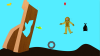 Cartoon scuba diver in sea with debris.